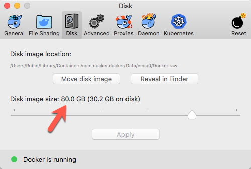 How to increase the size of the base docker for mac catalina