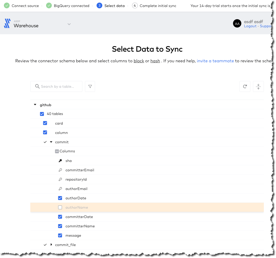 Fivetran - Select data to sync