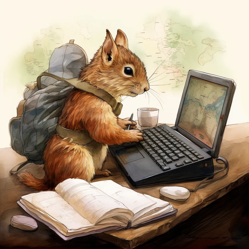 An image of a squirrel at a laptop looking at a map, preparing to navigate the wonderful world of Apache Flink
