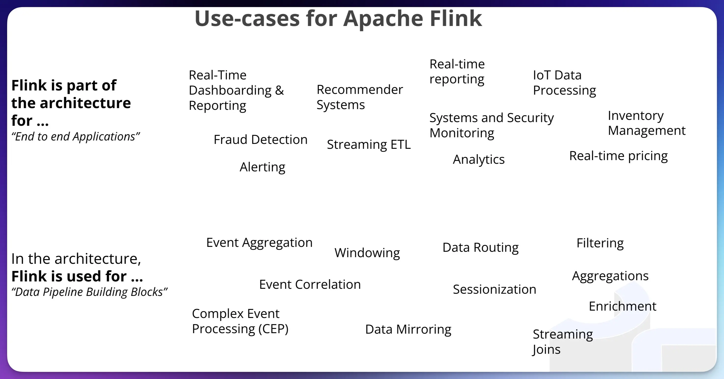 Slide showing what Flink can do, and what applications it is found doing this within