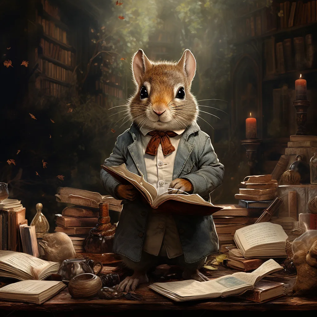 An image of a squirrel making notes with a big pile of books and papers behind him